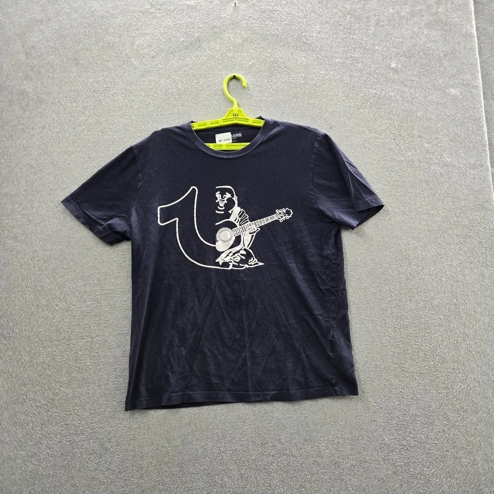 True Religion Men Shirt LARGE Navy Graphic Guitar‎ Print Short Sleeve